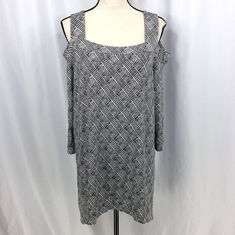 Catherines Cold Shoulder Tunic Top Womens Plus Size 2X 22/24W Black White Plaid‎
